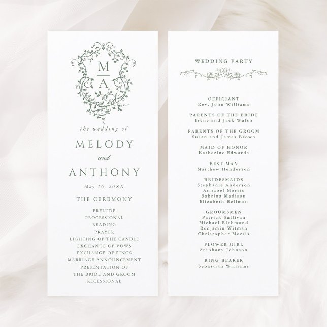 Sage Green Elegant Floral Crest Wedding Ceremony Program (Front & Back)