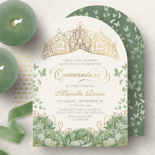 Sage Green Elegant Floral Crown Quinceanera Invitation