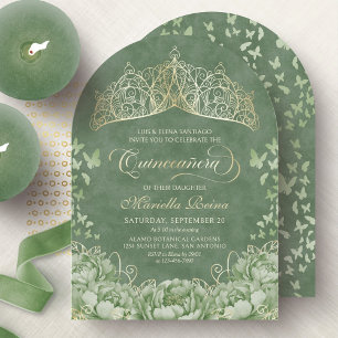 Sage Green Elegant Floral Crown Quinceanera Invitation