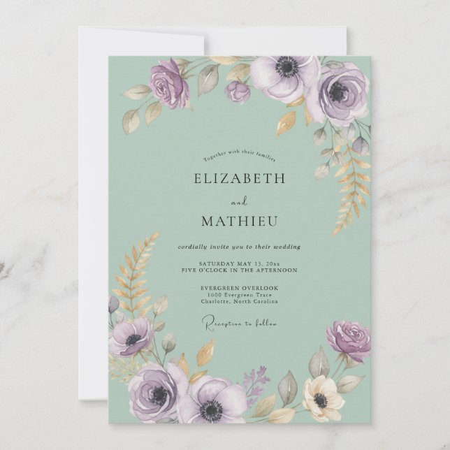 Sage Green Elegant Floral Flourish Wedding Invitation (Front)