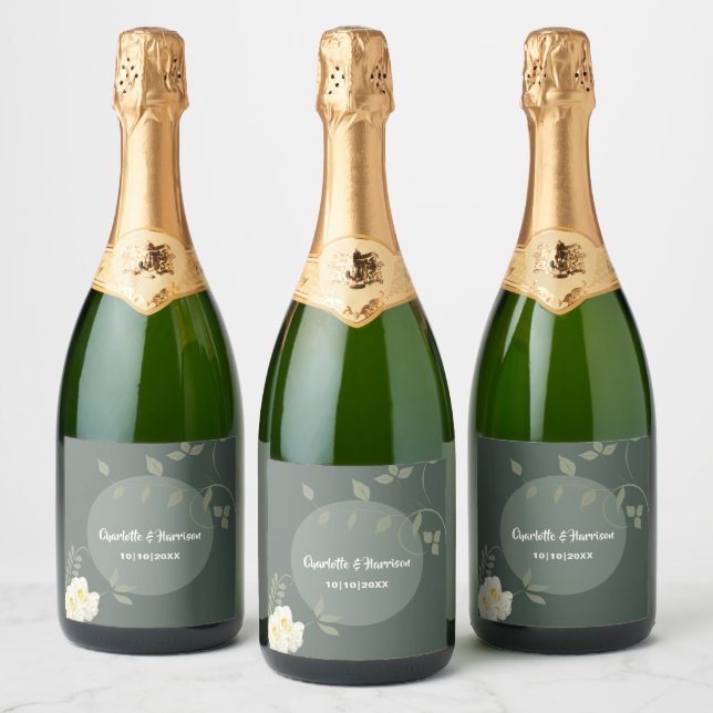 Sage Green Elegant Floral Invitation Sparkling Wine Label (Bottles)