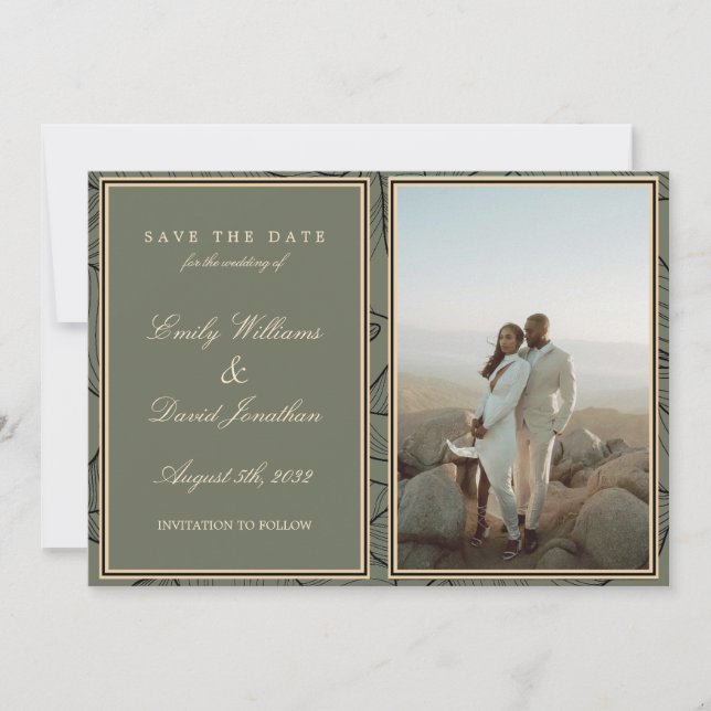 Sage Green Elegant Floral Line Art Photo  Invitation (Front)