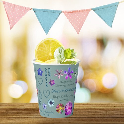 Sage Green Elegant Floral Name Happy 50th Birthday Paper Cups