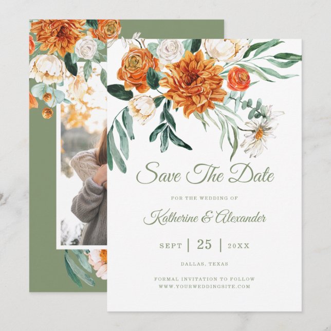 Sage Green Elegant Floral Orange Photo Wedding Save The Date (Front/Back)