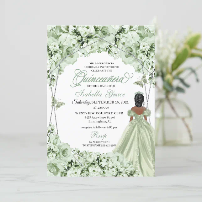 Sage Green Elegant Floral Quinceanera Invitation 