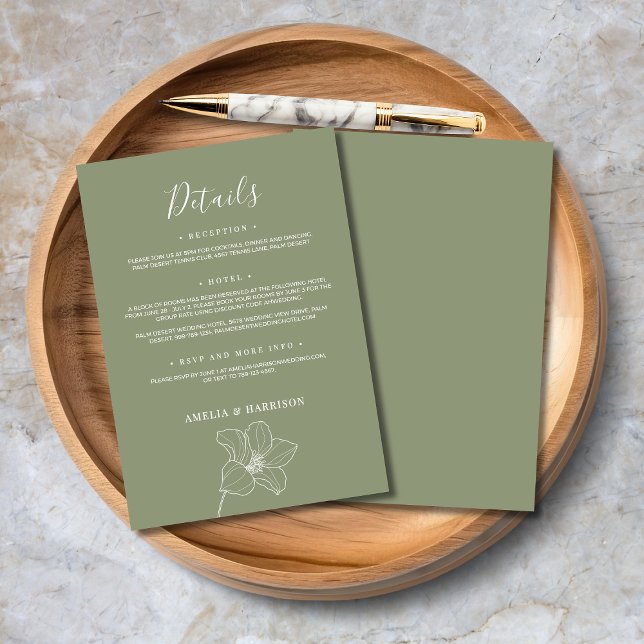 Sage Green Elegant Floral Wedding Detail Enclosure Card (Sage Green Elegant Floral Wedding Details Enclosure Card with Line Art Flowers.)