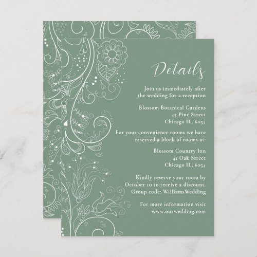 Sage Green Elegant Floral Wedding Details Enclosure Card