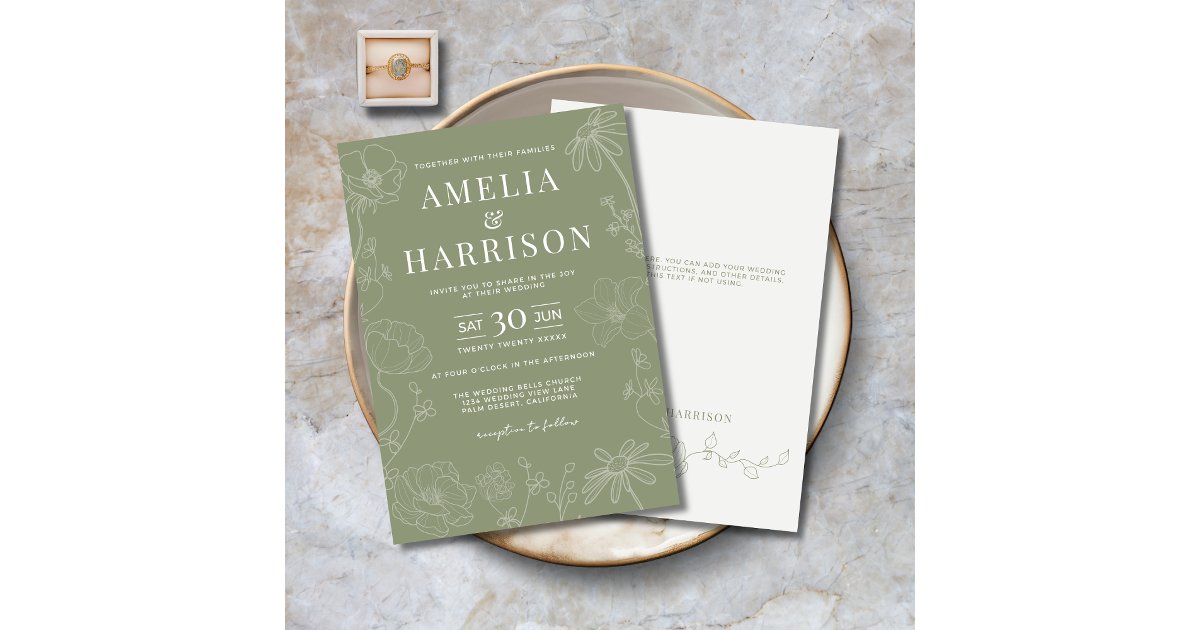 Sage Green Elegant Floral Wedding Invitation | Zazzle