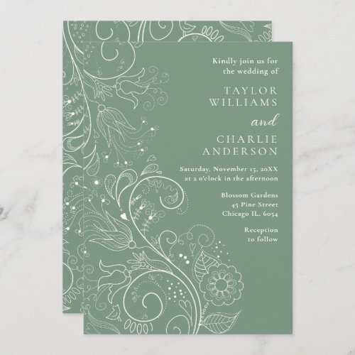 Sage Green Elegant Floral Wedding Invitation
