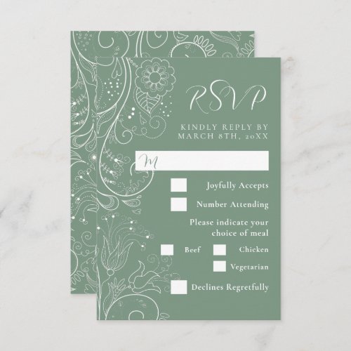 Sage Green Elegant Floral Wedding Meal Choice RSVP Card