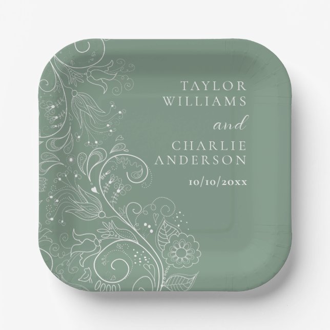 Sage Green Elegant Floral Wedding Paper Plates (Front)