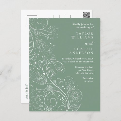 Sage Green Elegant Floral Wedding Postcard