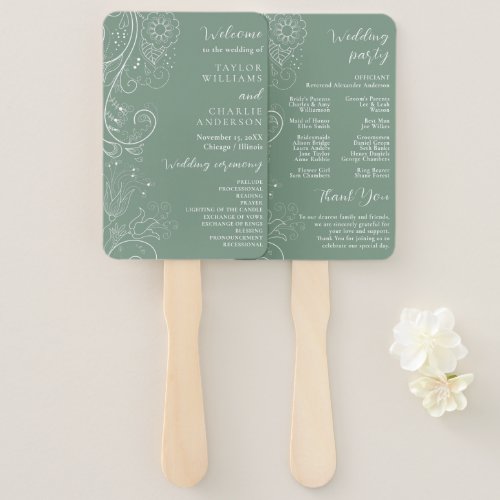 Sage Green Elegant Floral Wedding Program Hand Fan