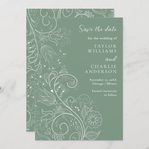 Sage Green Elegant Floral Wedding Save The Date