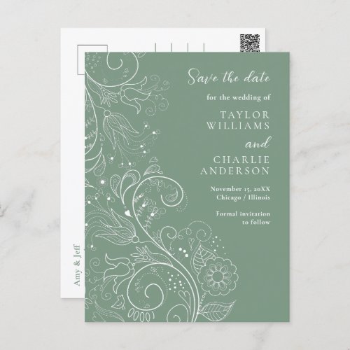 Sage Green Elegant Floral Wedding Save The Date Postcard