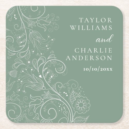 Sage Green Elegant Floral Wedding Square Paper Coaster