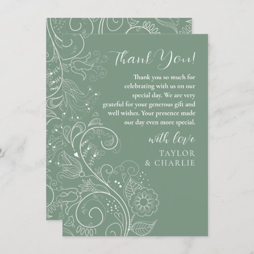 Sage Green Elegant Floral Wedding Thank You Card