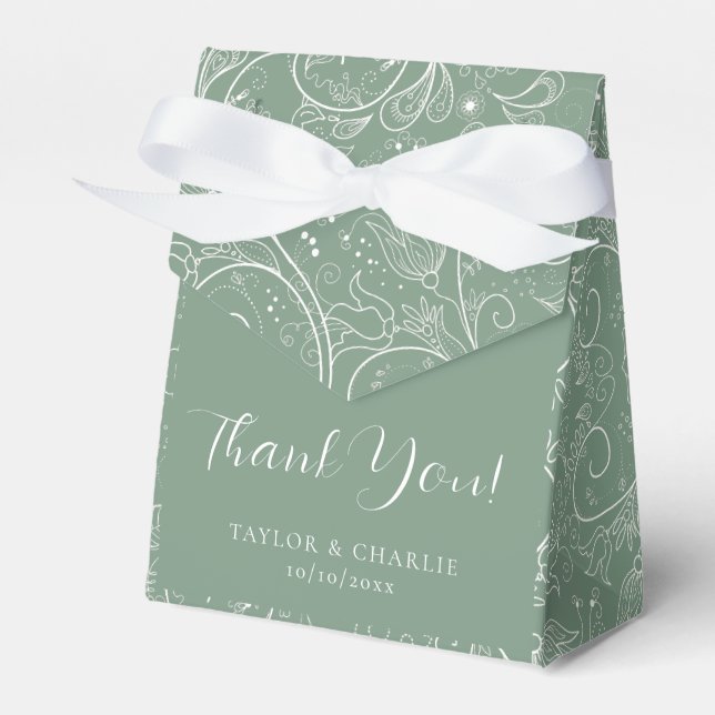 Sage Green Elegant Floral Wedding Thank You Favor Boxes (Front Side)