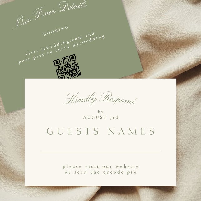 Sage Green Elegant Formal Wedding QR CODE RSVP Note Card (Creator Uploaded)
