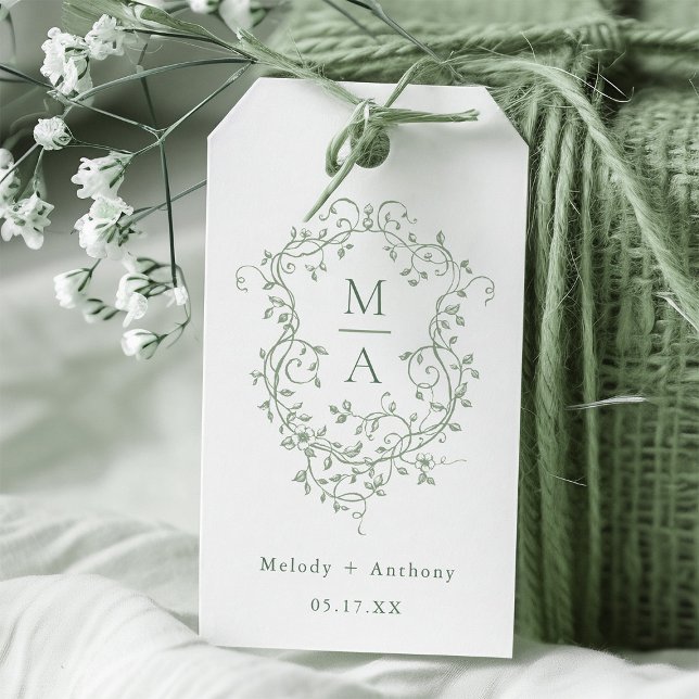 Sage Green Elegant French Floral Crest Wedding Gift Tags (Creator Uploaded)