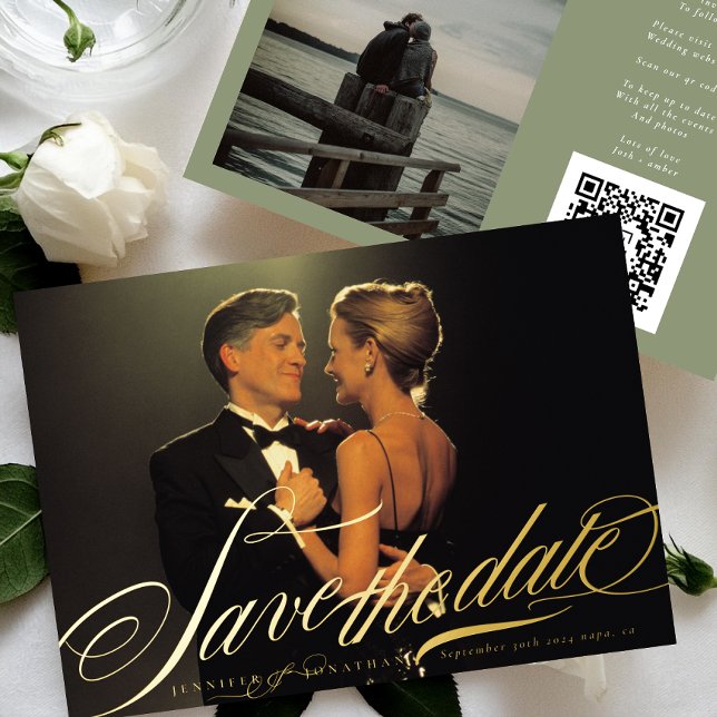 Sage Green Elegant Gold Calligraphy QR Code Photo Foil Invitation (Creator Uploaded)