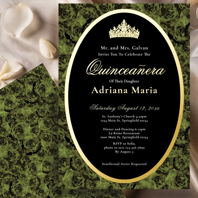 Sage Green Elegant Gold Floral Quinceanera   Foil Invitation (Creator Uploaded)