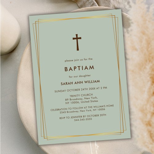 Sage Green Elegant Gold Typography Cross Baptism Invitation