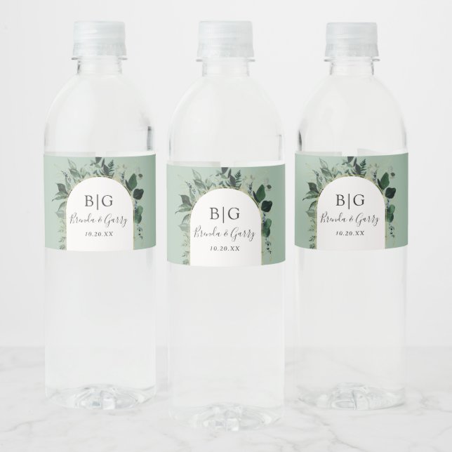 Sage Green Elegant Greenery Foliage wedding  Water Bottle Label (Bottles)