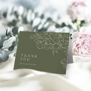 Sage Green Elegant hand drawn floral wedding Letterpress Thank You Card