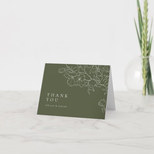 Sage Green Elegant hand drawn floral wedding Thank You Card
