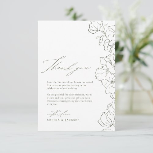 Sage Green Elegant hand drawn floral wedding Thank You Card