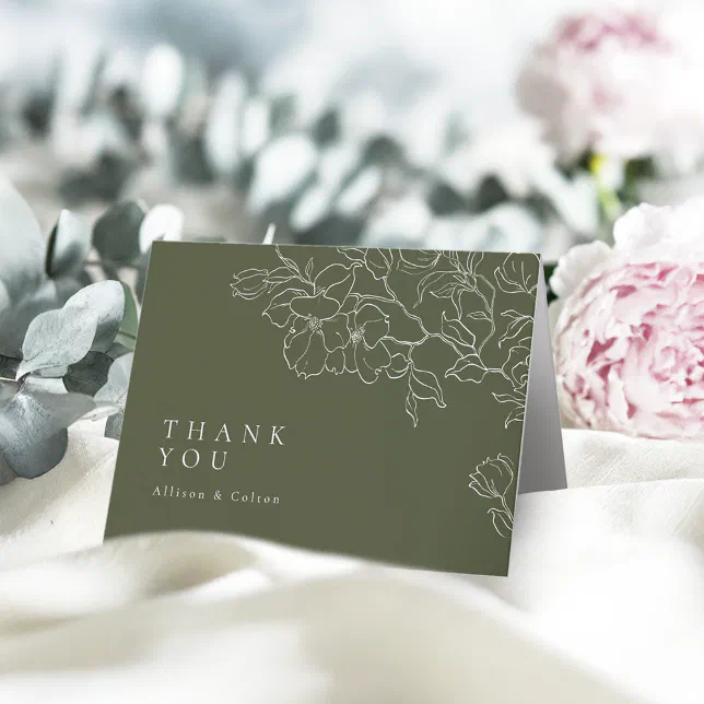 Sage Green Elegant hand drawn floral wedding Thank You Card | Zazzle