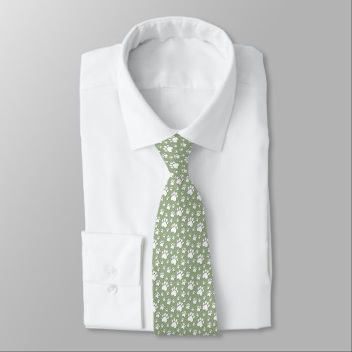 Sage Green Elegant Heart Paw Print Neck Tie