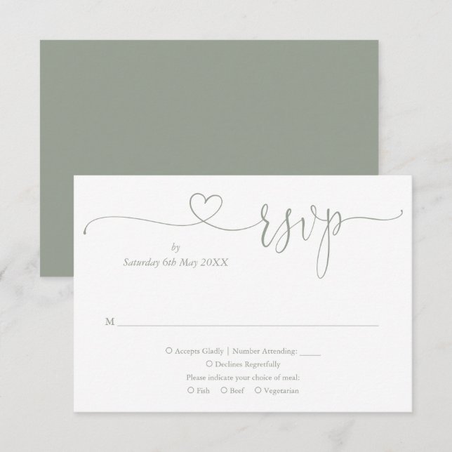 Sage Green Elegant Heart Script RSVP Card (Front/Back)