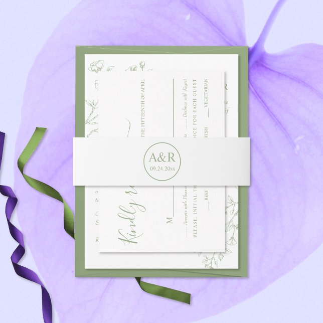 Sage green elegant initial spring wedding invitation belly band (Creator Uploaded)