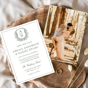 Sage Green Elegant Leafy Crest Monogram Wedding Invitation