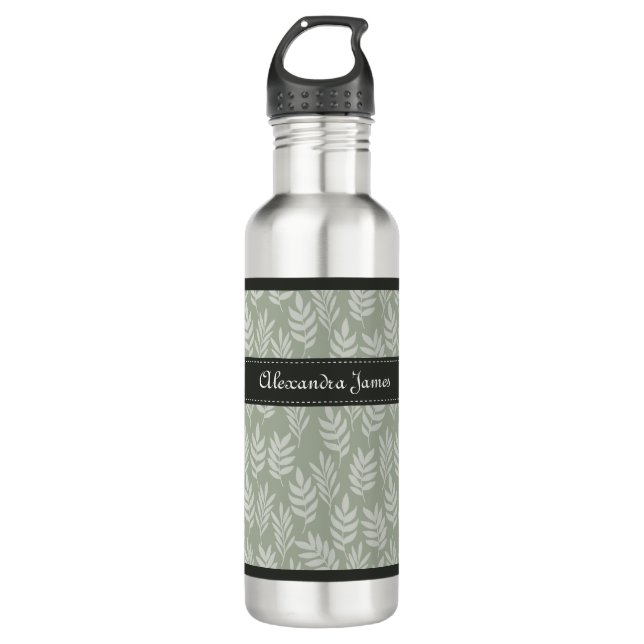 Sage Green Elegant Leaves Pattern With Name Water Bottle (Front)