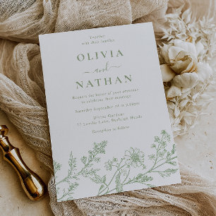 Sage Green Elegant Line Art Wedding Invitation