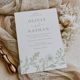 Sage Green Elegant Line Art Wedding Invitation