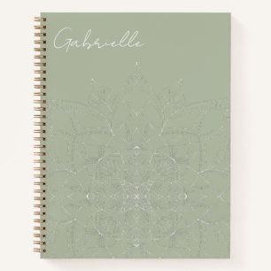 Sage Green Elegant Mandala Personalized Name Yoga Notebook