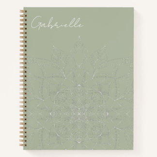 Sage Green Elegant Mandala Personalized Name Yoga Notebook