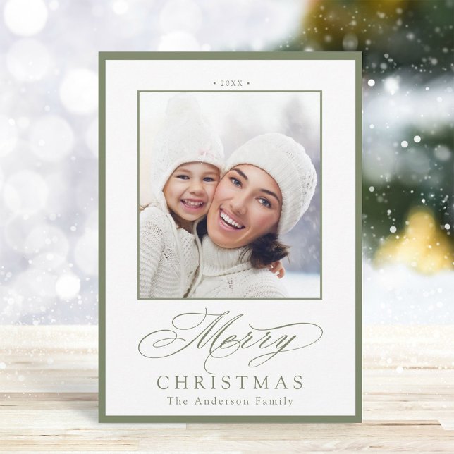 Sage Green Elegant Merry Christmas Photo Holiday Card (Creator Uploaded)