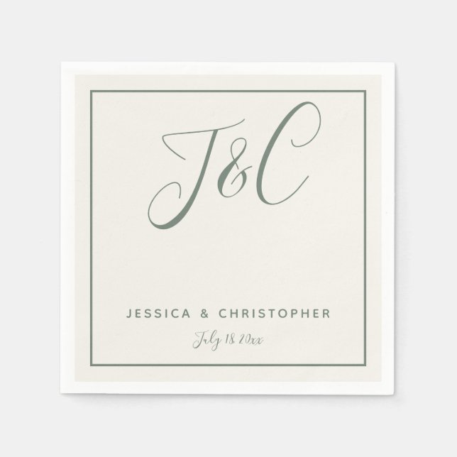 Sage Green Elegant Minimalist Monogram Initials Napkins (Front)