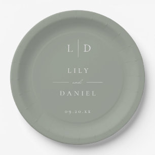 Sage Green Elegant Minimalist Monogram Wedding Paper Plates