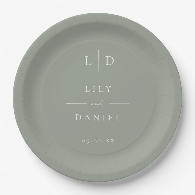 Sage Green Elegant Minimalist Monogram Wedding Paper Plates (Front)