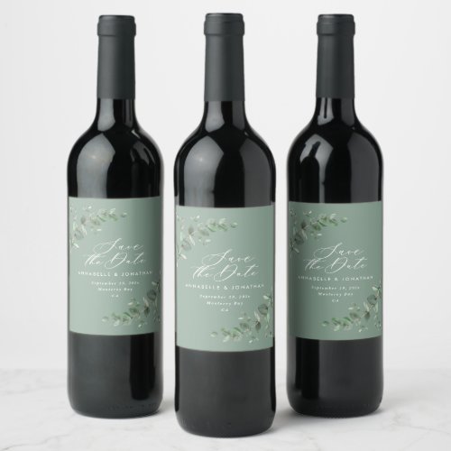 Sage green elegant modern eucalyptus save the date wine label