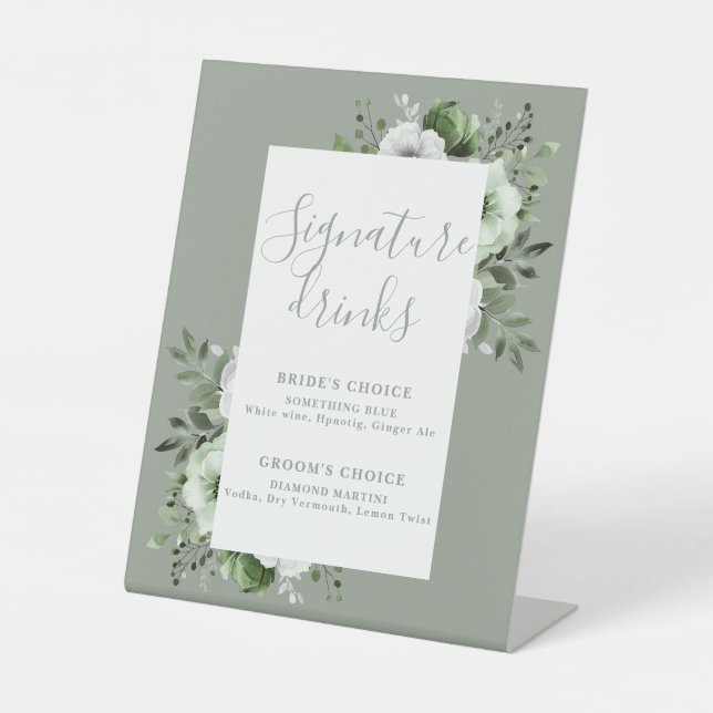 Sage Green Elegant Modern Floral Signature Drinks Pedestal Sign (Front)