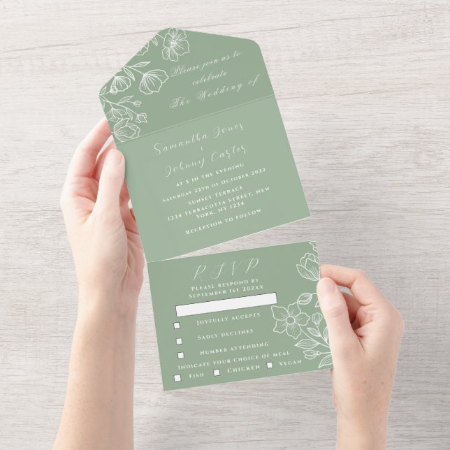 Sage Green Elegant Modern Floral Wedding All In One Invitation (Tearaway)
