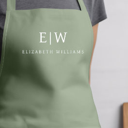 Sage Green Elegant Modern Minimalist Monogram Name Apron