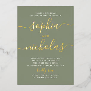 Sage Green Elegant Modern Script Engagement Party Foil Invitation